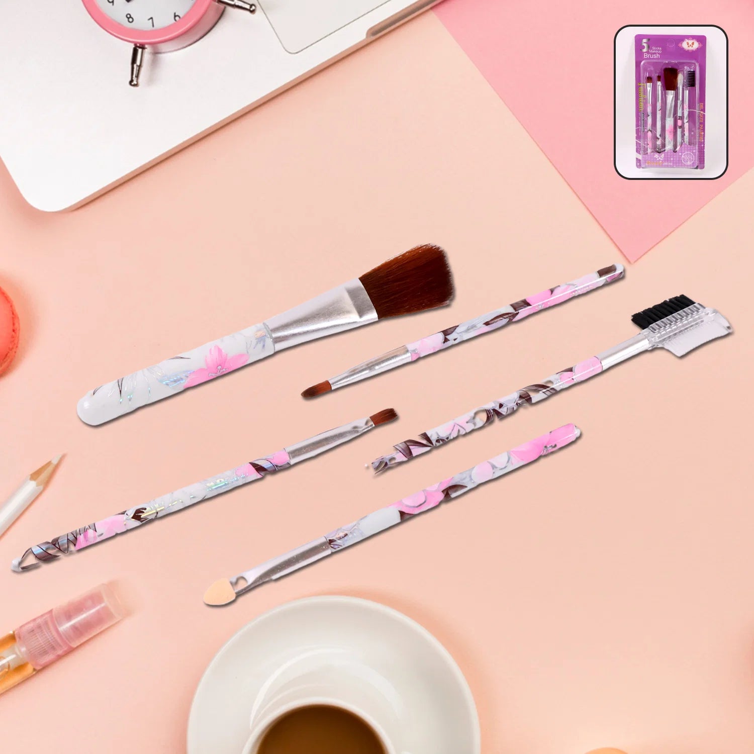 Makeup Brush Set – 5-Piece Floral Face, Eyes & Lips Kit