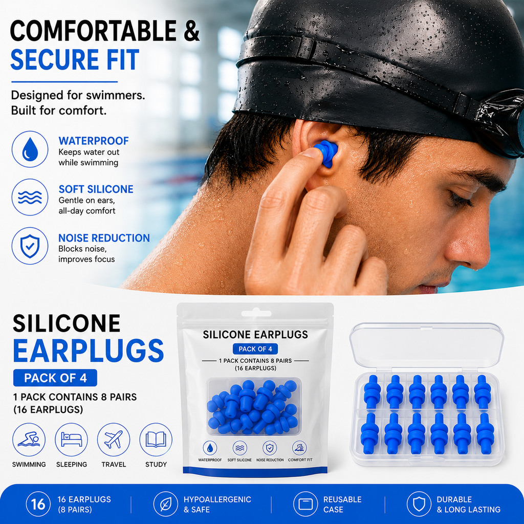 Swimming Ear Plugs – Reusable Waterproof Silicone Comfort Pack of 4