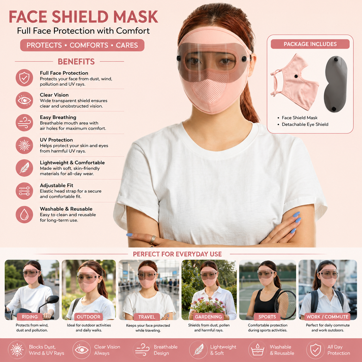 Reusable Soft Cloth Face Mask With A Removable Eye Shield And Ear Loops (1 Pc)